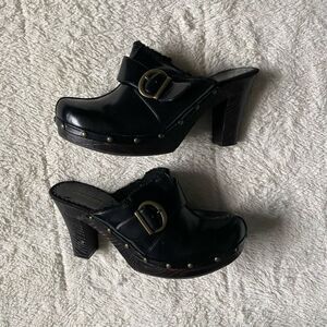Bongo Platform Black Faux Leather Wood Heel Mules Vintage 90s Y2K Shoes